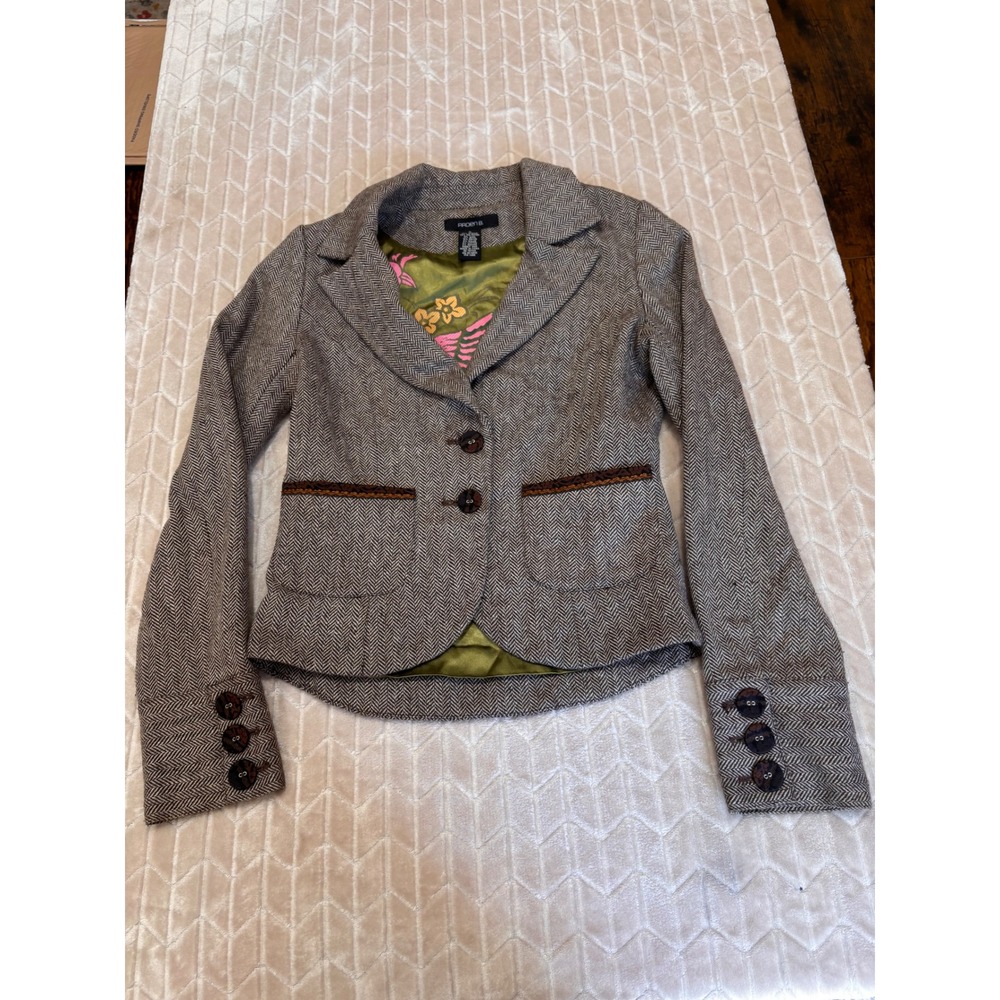 Arden B Y2K Wool Blend Herringbone Blazer Jacket Size Small Green Peacock Lining